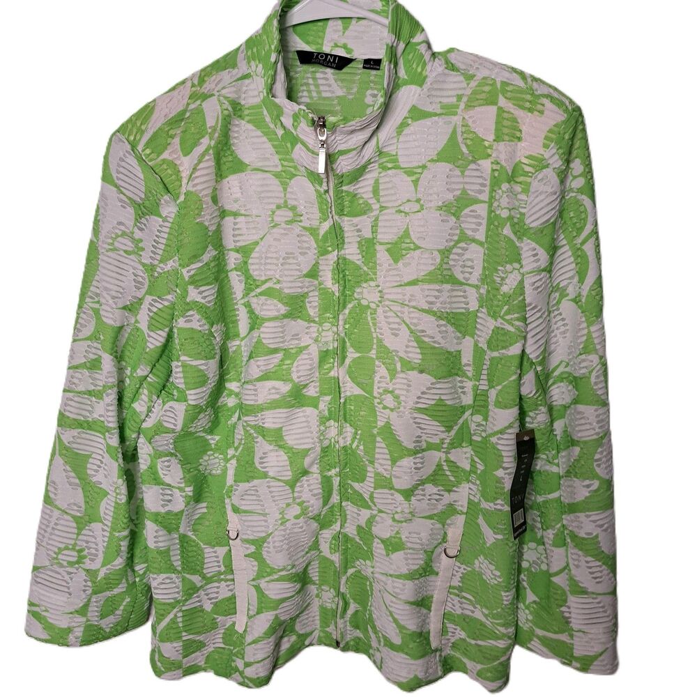 Toni Morgan Womens White Green Floral Mock Neck Full Zip Jacket Large NEW